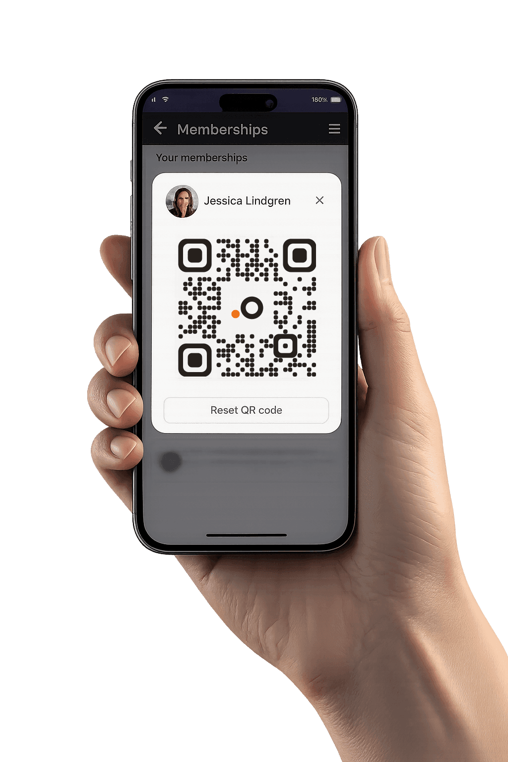 Hand holding a phone with a digital membership card and QR code